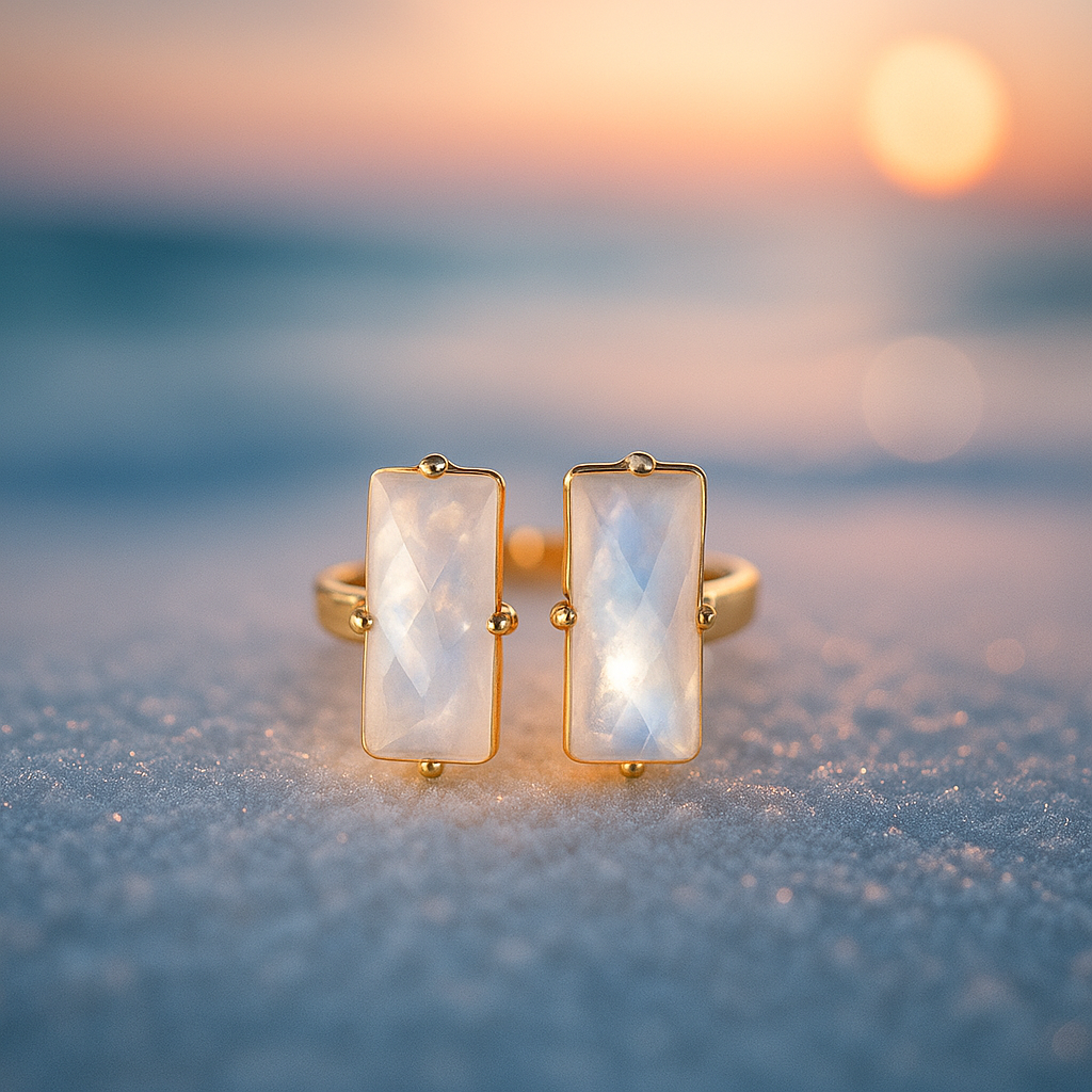 Tide Light – Golden Ring Adorned with Rectangular Moonstones