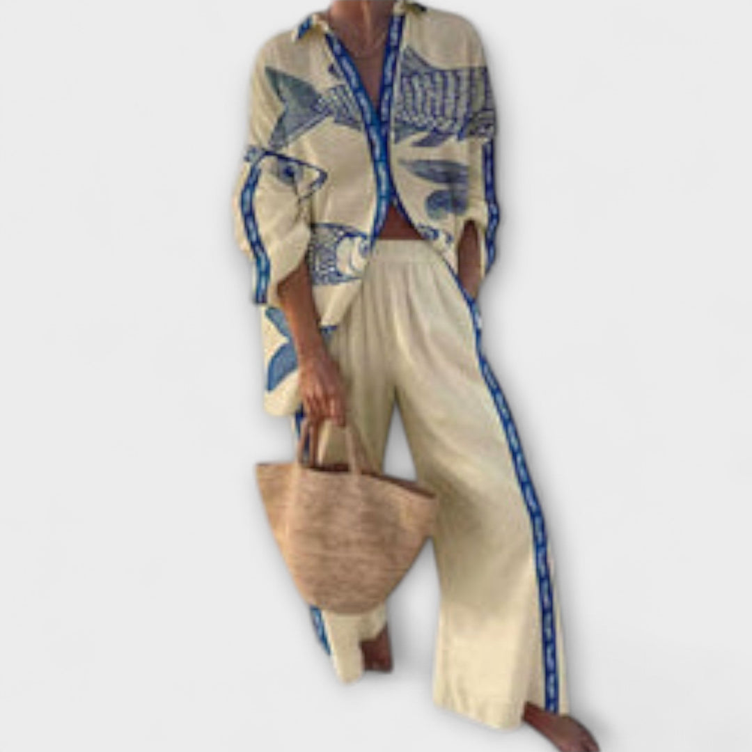 Yazette - Tranquil Linen Fish Pattern