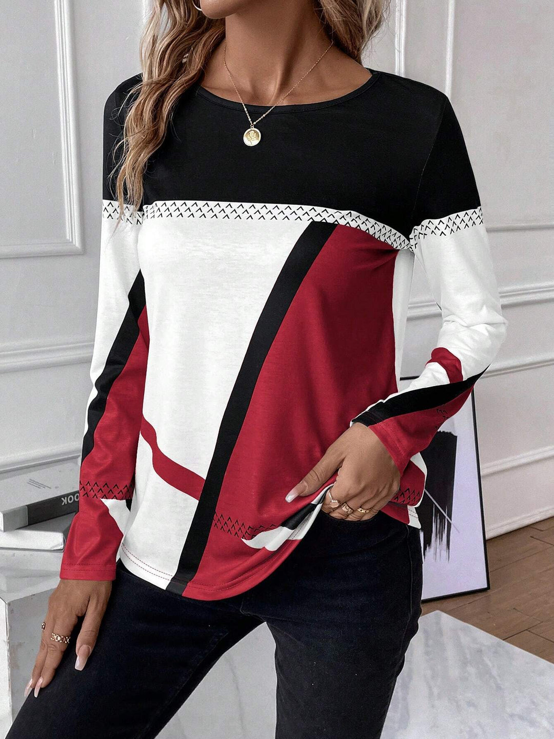 Lilou™ | Chic Geo Print Colour Block Women’s Top