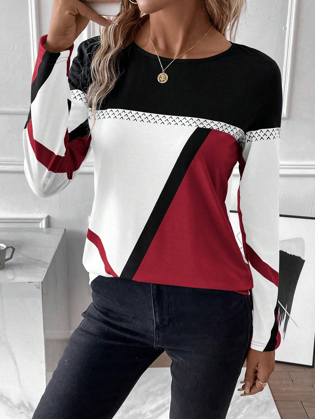 Lilou™ | Chic Geo Print Colour Block Women’s Top