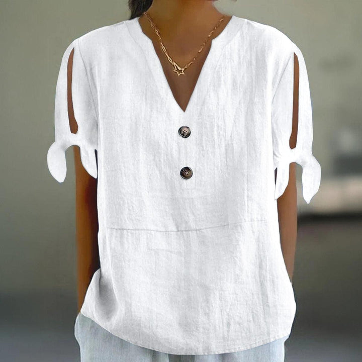 Abby | White Plain Striped Print Split Sleeve Top