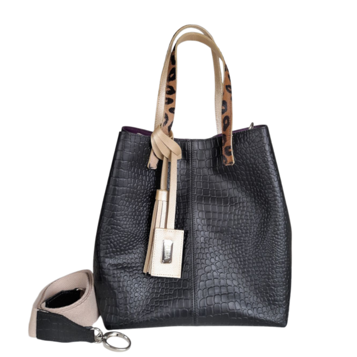 Giulia | Reptil black leather bag for women