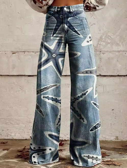Stella | Starfish Print High-Waisted Wide-Leg Trousers