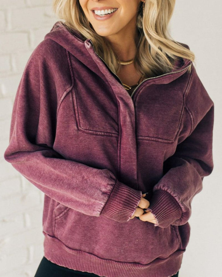 Nyelle | Casual Henley Acid Wash Half-Zip Fleece Hoodie