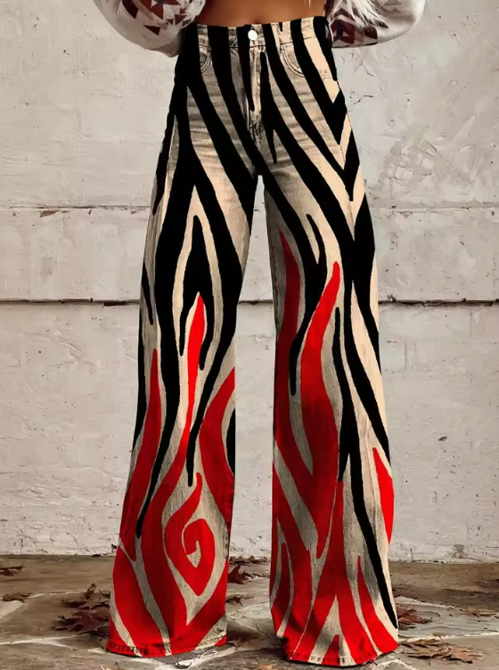 Bianca | Bold Flame-Print Wide-Leg Trousers
