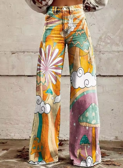 Luna | Dreamscape Mushroom Print Wide-Leg Trousers
